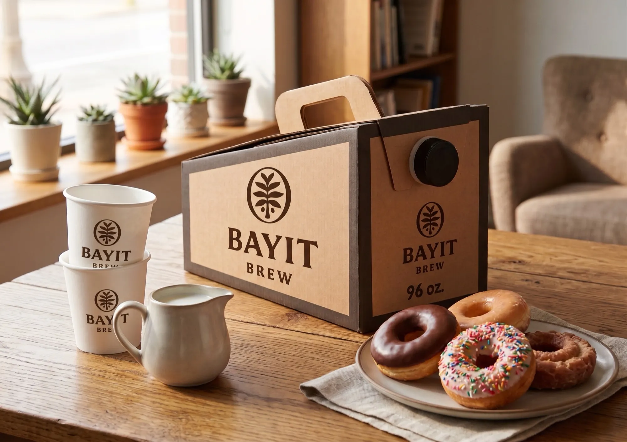 A Bayit Brew 96 oz box of drip coffee with branded cups, a pitcher of half and half, and a plate of donuts on a sunlit table.