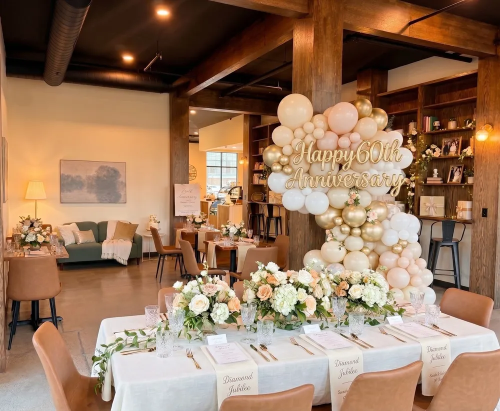 The room set for a 60th anniversary, with a cream-and-gold balloon arch, white linens, and rose centerpieces.