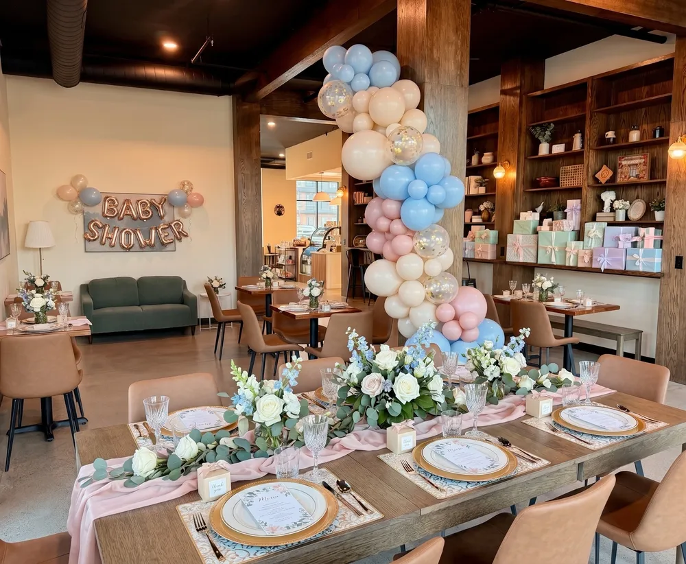 The room set for a baby shower, with a blue-and-pink balloon garland, a table of gifts, and floral place settings.