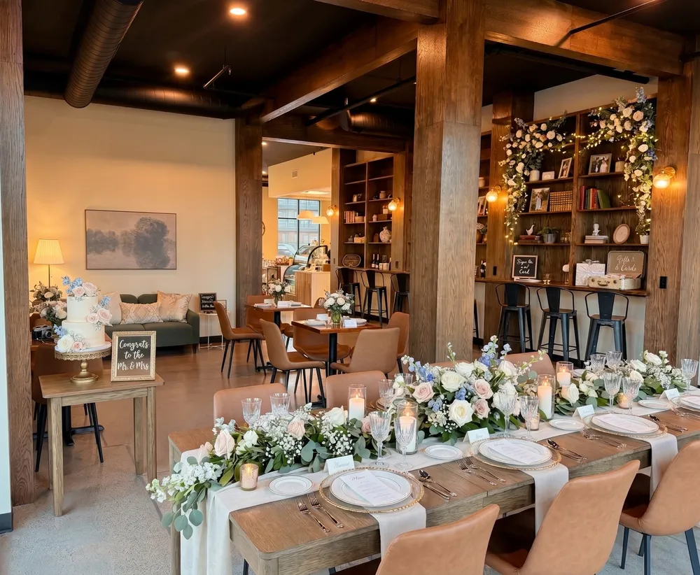 The room set for a wedding, a garland of white and blush flowers running down a long table and a cake by the sofa.
