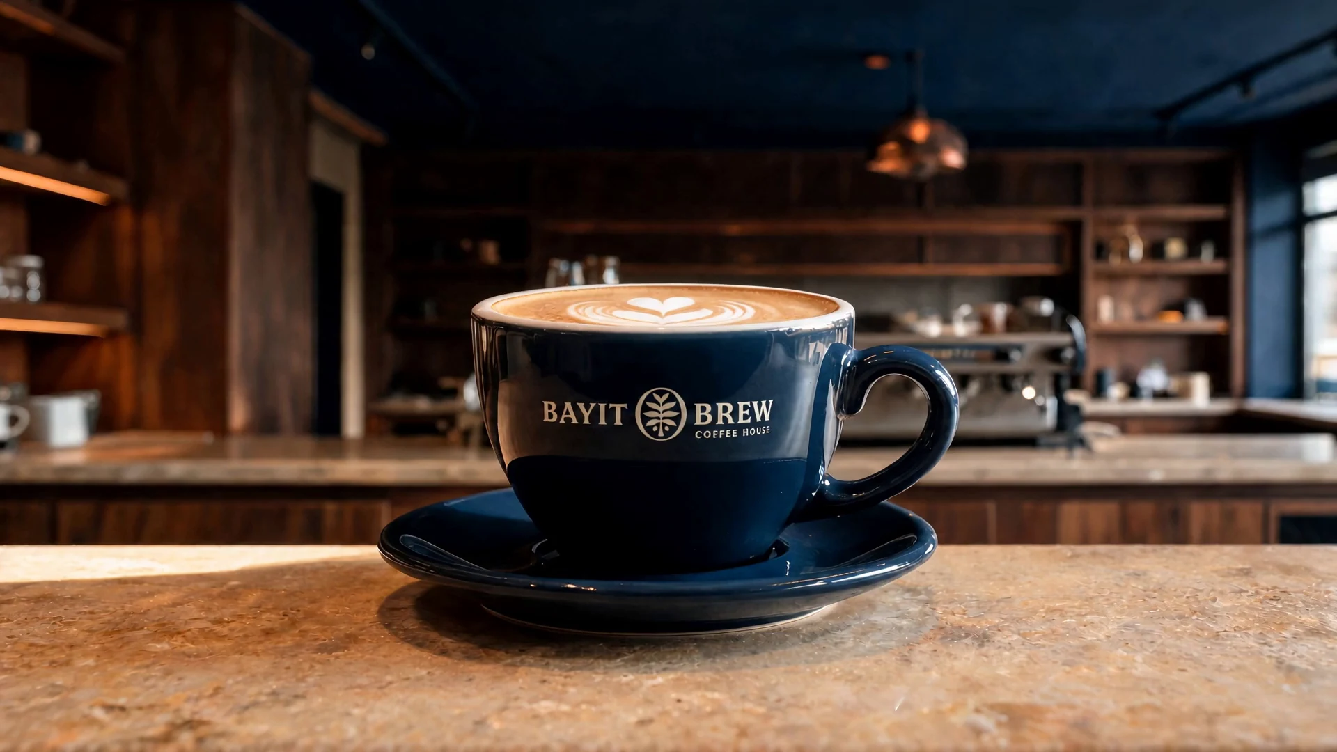 A finished coffee resting on the Bayit Brew counter.